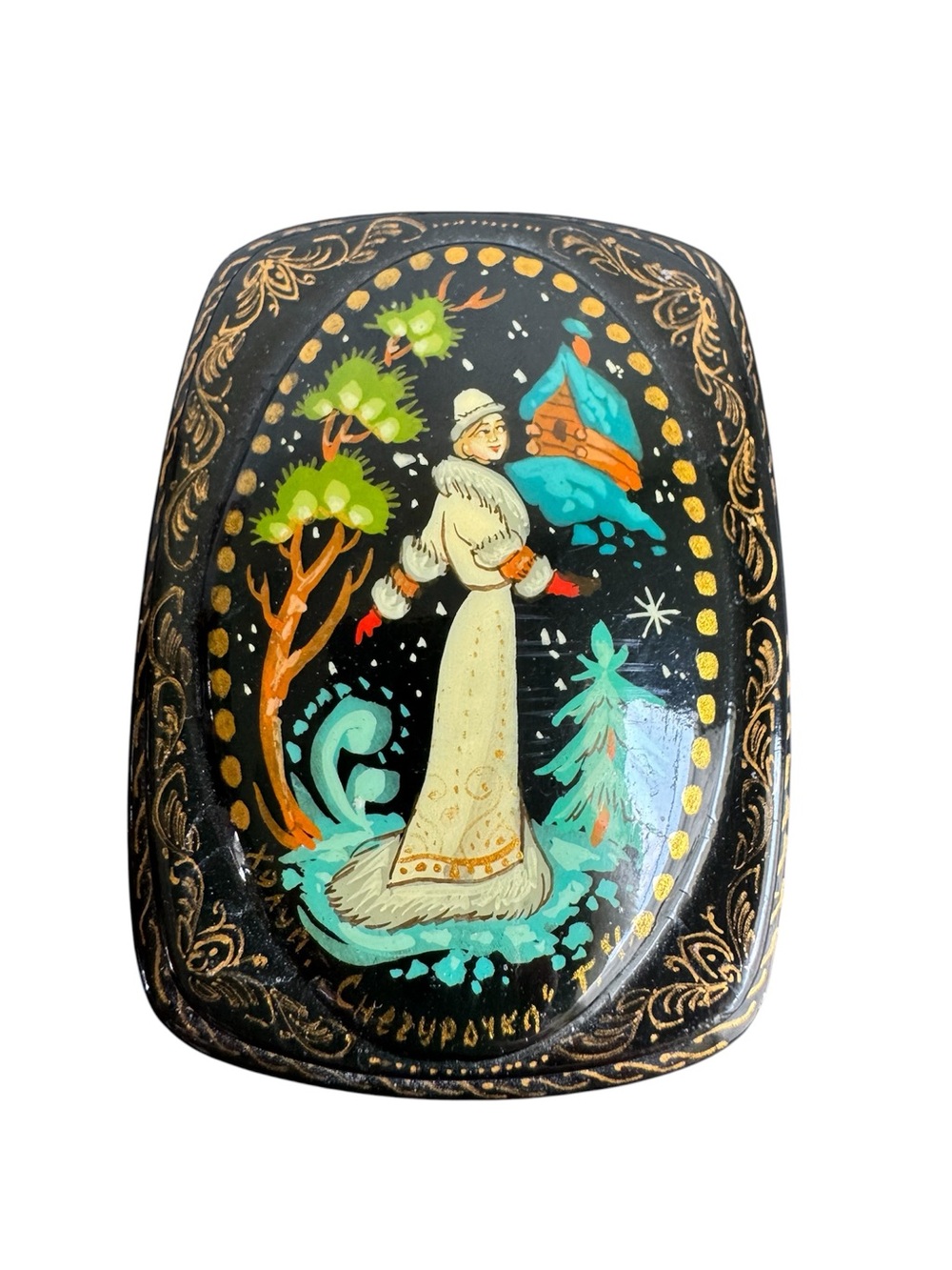 Russian Lacquer Trinket Box‎ Snegurochka Snow Maiden Vintage Hand Painted Signed